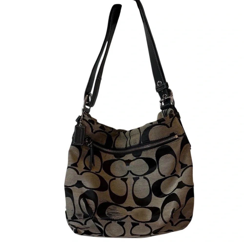 Coach Black and Brown Signature Shoulder Bag Slouchy worn purse designer